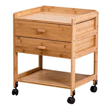 Imagem de Mesa lateral móvel, mesa de canto de madeira maciça com prateleira de armazenamento e 2 gavetas, mesa de cabeceira industrial para quarto com roda universal, móveis de sala de estar