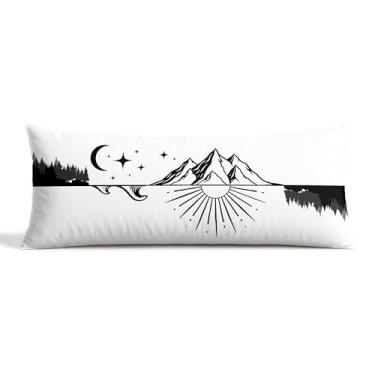 Imagem de TopXmai Boho Mountain Sun and Moon Body Pillow Cover com zíper, preto e branco minimalista natureza paisagem linha arte 20x54 fronha longa fronha para sofá de quarto