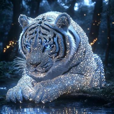 Imagem de JJBSWYMT Kits de arte de diamante de tigre branco para adultos, kits de pintura de diamante de tigre brilhante 5D para adultos iniciantes, faça você mesmo, pintura completa de diamante, arte e