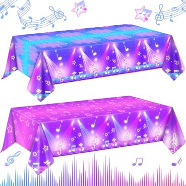 Imagem de AFZMON 2 peças de toalha de mesa para decoração de festa de aniversário de cantor, capas de mesa de plástico descartáveis com tema de música mágica, suprimentos de festa de feliz aniversário