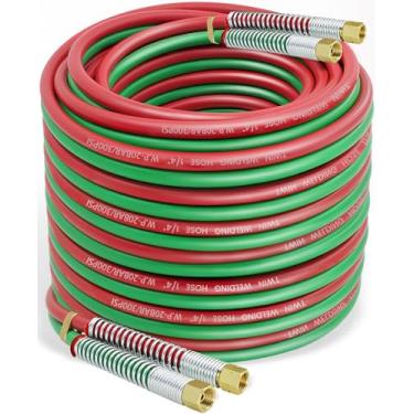 Imagem de RX WELD Mangueira de solda de acetileno oxi de 1/10.2 cm com conexões 9/40.6 cm-18 B - Mangueira de tocha de linha dupla grau R para corte e soldagem de acetileno (300PSI/900PSI)