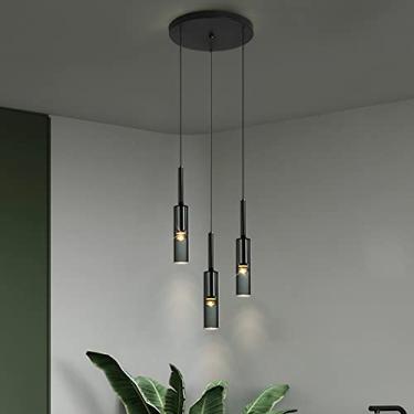 Imagem de YQSLQZZ Iluminação pendente de vidro cilíndrico, lustre de ilha de cozinha vintage de 3 luzes para sala de jantar, luzes de teto para casa de fazenda industrial ajustável em altura, base E27