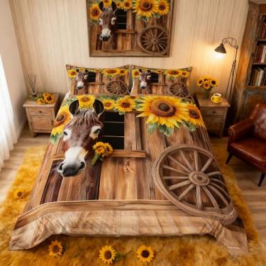 Imagem de Capa de edredom de burro fofo, capa de edredom rústica, porta de celeiro, girassol, celeiro de madeira, animal de fazenda, tamanho queen, folha verde, videira ocidental, para crianças, meninos