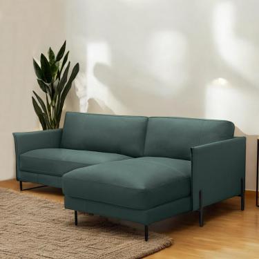 Imagem de Sofá Decorativo Karine 3 Lugares Sala de estar 230cm com Chaise Pés em Aço Couro Verde Musgo G88 - Gran Belo