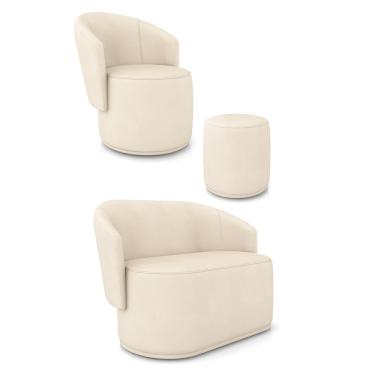 Imagem de Sofá Namoradeira com Poltrona e Puff Orgânico Sala Malu Sintético Bege M11 - D'Rossi