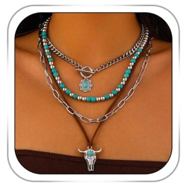 Imagem de Firuilo Colares Boho Western turquesa com contas em camadas, colares com pingente de cabeça de boi, joias ocidentais para mulheres, acessórios de caubói