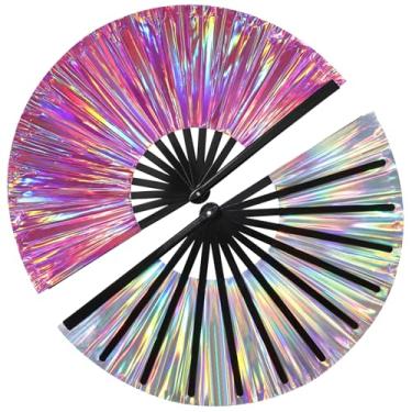 Imagem de MEIVINES Ventilador de botas no chão, 2 peças de leque holográfico dobrável grande para dança de linha e festivais, roupas de arco-íris, acessórios de rave Drag Queen, decoração de casa (laser roxo)