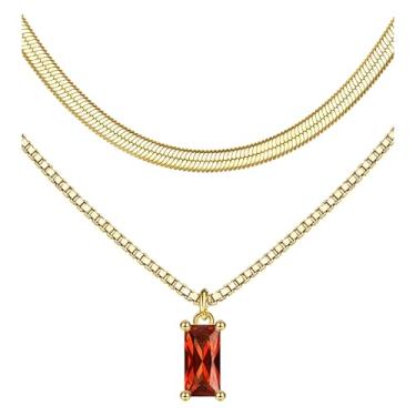 Imagem de Colares femininos com pedra do mês de nascimento de ouro - Colar delicado banhado a ouro 14K em camadas com pingente de diamante verde brilhante, simples, leve, conjunto de colar de corrente de ouro