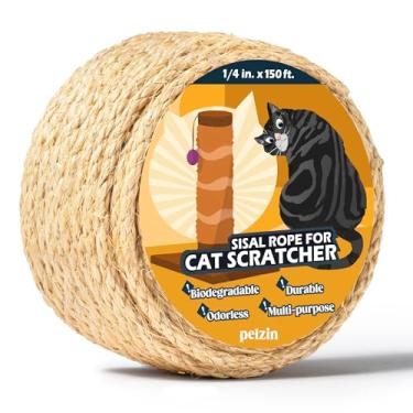 Imagem de Pelzin Corda de sisal natural para arranhador de gatos de 1/4 polegada por 3 m, barbante de corda de árvore de gato para substituição de postes de arranhão de gatos, torre de gato com conserto