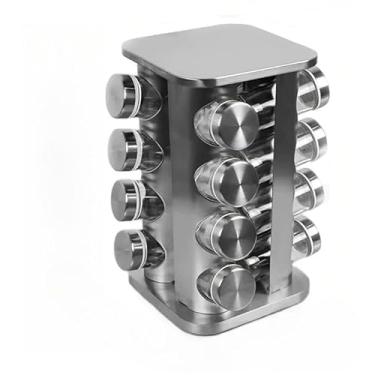 Imagem de Porta Temperos Giratório 12,16,20 Potes – Vidro com Tampa Vedação, Base Inox e Caneta Marcadora (Porta Tempero 16 Quadrado Inox)