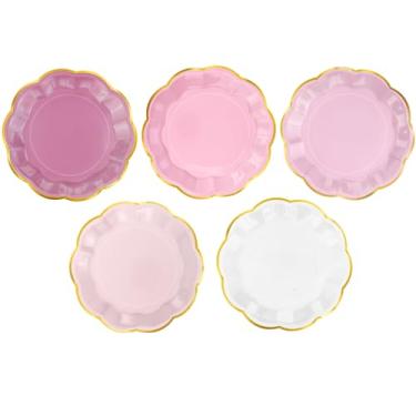 Imagem de Kochorie 60 peças de pratos de festa recortados rosa empoeirado, prato de sobremesa rosa gradiente de 17 cm, pratos de papel descartáveis com borda dourada para aniversário, chá de bebê, artigos de