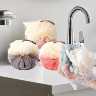 Imagem de Pacote com 4 esponjas de chuveiro e bucha de banho com alça de malha macia conjunto de esponja esfoliante para limpeza diária de chuveiro e uso em viagens (Mix)