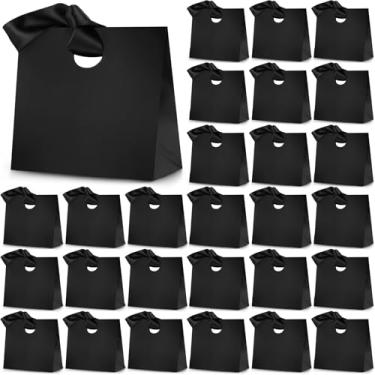 Imagem de Feifeiya 30 sacos pequenos de papel para presente com alças de fita de 20 x 9 x 18 cm reutilizáveis para presente de Natal, aniversário, chá de bebê, lembrancinhas de festa (preto)