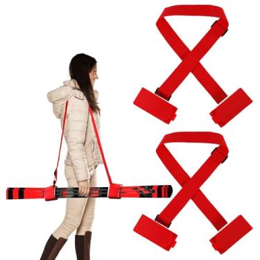 Imagem de 2 pares de fitas de fixação de esqui, tiras ajustáveis para botas de esqui com almofadas protetoras, alças de transporte de esqui, laços de armazenamento de equipamentos para bastões de esqui