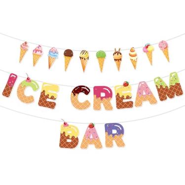 Imagem de Banner de barra de sorvete com guirlanda de cone de sorvete, decorações de aniversário temáticas de loja doce de verão, adereço de foto de guirlanda colorida para festa infantil, mesa de sobremesa e