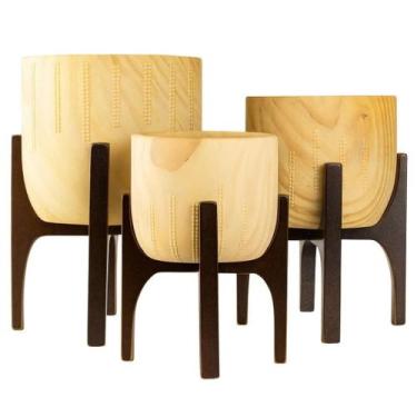 Imagem de Kit com 3 Vasos Linha Genebra com Suporte de Madeira Alto - Alpe & Ari