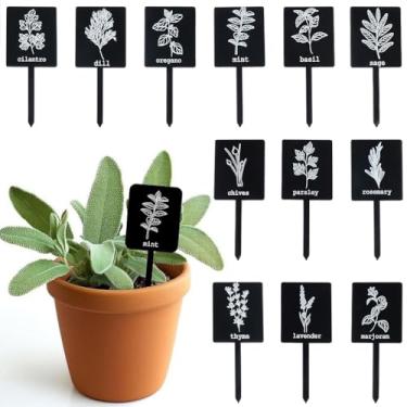 Imagem de SOFPLATE 24 peças, etiquetas de acrílico para plantas, 12 estilos, etiquetas de nomes de plantas, plástico preto, impermeável, etiquetas de estaca tipo T com nomes, marcadores de jardim de ervas para