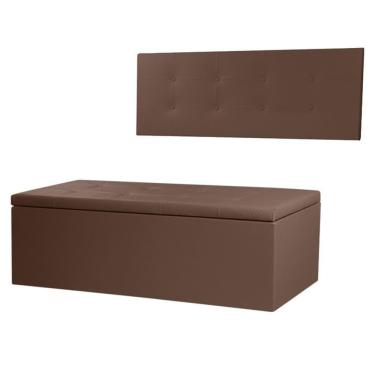 Imagem de Kit Cabeceira Painel E Calçadeira Baú Casal 1,40m Berlim Material Sintético Marrom Dal Poz Estofados