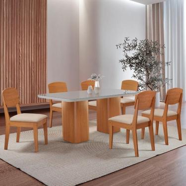 Imagem de Mesa De Jantar Eloise 180cm Tampo Mdf 6 Cadeiras Moderna Veludo Creme /nat/off/serig. Off