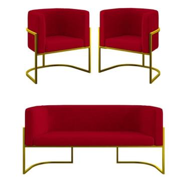 Imagem de Kit 2 Poltronas + Sofá 2 Lugares Base De Metal Gold Balaqui Vermelho