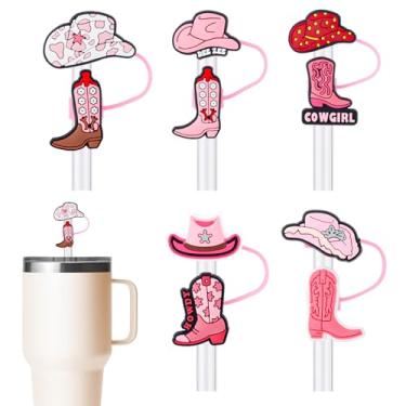 Imagem de 5 peças de topos de palha de vaca rosa para Stanley Cup 850.5 g 1,134 g, botas de vaca e chapéus topos de palha capas reutilizáveis acessórios presentes fofos para mulheres