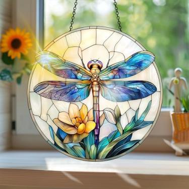 Imagem de Acrílico colorido Suncatcher, apanhador de sol estilo vitral impresso libélula com reflexos de arco-íris, decoração de janela suspensa, decoração de parede, ornamentos de Natal para uso interno e