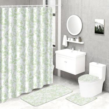 Imagem de Ksriylm Conjunto de 4 peças de cortina de chuveiro Green Farmhouse, conjunto de decoração de cortina de banheiro com folhas de flores, inclui cortina de chuveiro à prova d'água, tapete antiderrapante
