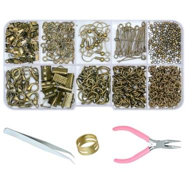 Imagem de Gacuyi Kit de suprimentos para fabricação de joias, kit de reparo de joias com alicates, achados e fios de contas para reparo de achados de joias e miçangas (Bronze)