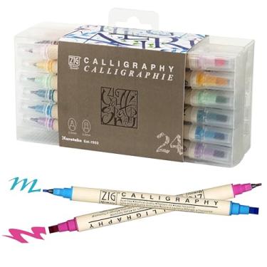 Imagem de Kuretake Canetas marcadoras Zig Caligrafia ponta dupla, conjunto de 24 cores, 2 mm, 5 mm, ponta dupla, para arte, esboço, ilustração, caligrafia, diário, desenho, feito no Japão