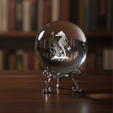 Imagem de Decoração de bola de cristal 3D com suporte - Ornamento de mesa de cristal de vidro 3D gravado a laser com vários padrões para escritório em casa, quarto