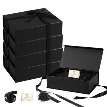 Imagem de Dimore Pacote com 4 caixas de presente pretas, caixa de presente magnética de 26 x 19 x 8 cm com tampas, caixa dobrável retangular de papelão duro para pedido de dama de honra, casamento, aniversário