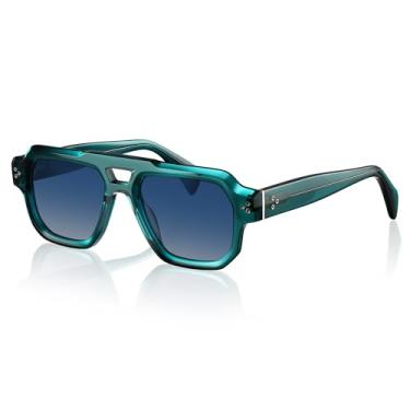 Imagem de gesruny Óculos de sol masculinos geométricos de acetato de aviador – armação angular escultural com dobradiças de mola duráveis e proteção UV400, C2 Trans.armação verde/lente azul gradiente, Normal