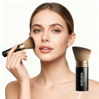 Imagem de Pincel Kabuki preto retrátil para maquiagem facial líquida, creme e pó com alça de alumínio