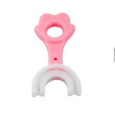 Imagem de Escova de Dentes Infantil de Silicone Formato em U 360 Graus Rosa para Crianças 2 a 6 Anos, 9x4,5x1,5cm