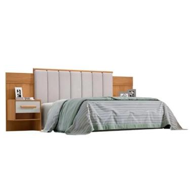Imagem de Cabeceira Casal íris Estofada Com 2 Mesas De Cabeceira D`doro Cinamono Off White Ripado 1,40m