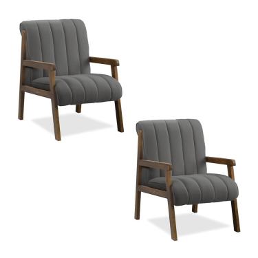 Imagem de Poltrona Decorativa Sala Base De Madeira Kit 2 Daline Bouclê E03 - D'rossi Cor Cinza Escuro