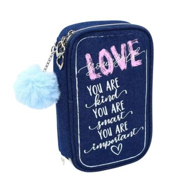 Imagem de Estojo Material Escolar Grande Love You Jeans Divisórias Pompom Azul Organizador Tendência Feminino