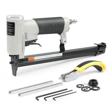 Imagem de WOODPECKER Grampeador pneumático de estofamento NL7116 com carregador estendido, grampos de coroa de calibre 22 de 3/20.3 cm, pistola de grampo pneumático série 71 para marcenaria, 1/10.2 cm a 5/20.3