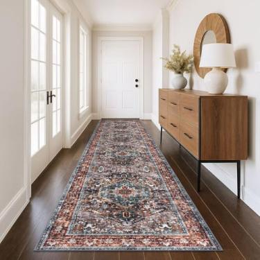 Imagem de KOZYFLY Tapete de área 10 x 3 m lavável Boho Runner tapete para entrada corredor interior impresso tapete de lã sintética para quarto cozinha hall, tijolo vermelho/laranja/verde