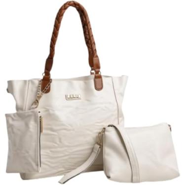 Imagem de Kit 3 Peças Bolsa Feminina com Alças Trançadas, Branco com Caramelo, Couro Sintético, Inclui Bolsa Grande, Transversal e Necessaire