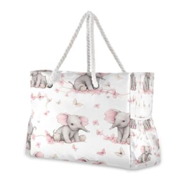 Imagem de Wassud Bolsa de praia com elefantes fofos, grandes bolsas de praia para mulheres, impermeável, à prova de areia, bolsa de viagem com zíper e bolso para piscina, academia, acampamento