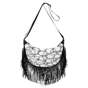 Imagem de CEBUGI Bolsa feminina transversal com franjas, borla, fundo de bolas de beisebol, bolsa de ombro Hobo, bolsa transversal com alças ajustáveis