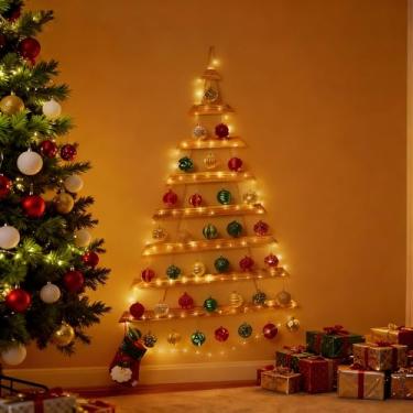 Imagem de SOONOW Árvore de Natal de 112 cm para pendurar na parede com luzes LED remotas e 36 enfeites, árvore de Natal de madeira iluminada para sala de estar, quarto e feriado