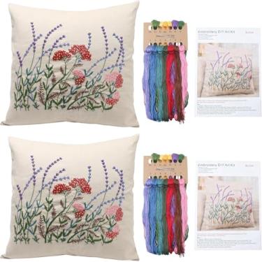Imagem de Marsrut 2 conjuntos de kit de travesseiro de bordado, incluindo capa de almofada com desenhos grandes e zíper, agulhas, fios e kits de instruções para artesanato em renda (flores vermelhas, sem núcleo