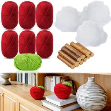 Imagem de Maasechs Kit de maçã de crochê de 9 peças para iniciantes, conjunto completo de artesanato DIY com fios de hastes de madeira, enchimento de algodão, suprimentos de crochê para adultos, presentes de