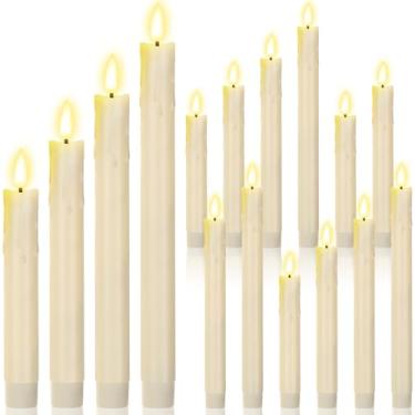Imagem de Macarrie 12 peças de velas cônicas sem chamas de LED operadas por bateria de 16,5 cm, 21,7 cm, 22,5 cm, 25 cm, castiçais de chama cintilante 3D em forma de cera para decoração de casamento de