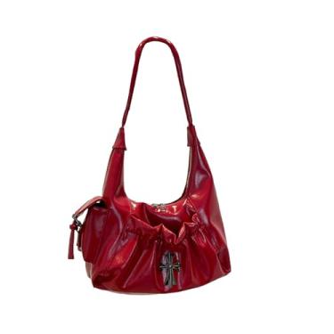 Imagem de CORIOS Bolsa feminina transversal de couro PU bolsa de mão com alça superior de capacidade média bolsa moderna Hobo axila, Vermelho, L, Retrô