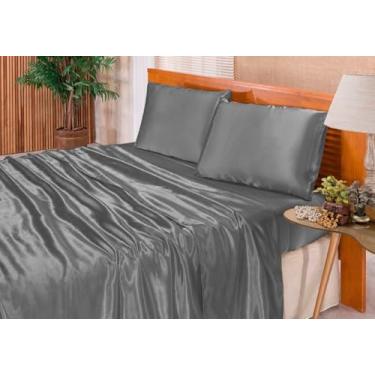 Imagem de LM Detona, Jogo De Lençol Casal Queen Cetim Seda Cinza 4 Peças