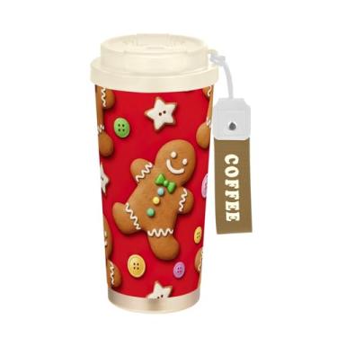 Imagem de TSENQUE Caneca de café de viagem 40 ml com revestimento cerâmico, copo de café de aço inoxidável com canudo e tampa, copo isolado a vácuo, lindos biscoitos de gengibre de Natal vermelhos