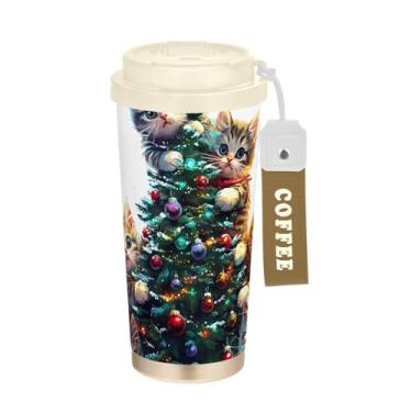 Imagem de Caneca de viagem de café 40 ml com canudo e tampa, copo de parede dupla isolado a vácuo com revestimento cerâmico, gato fofo de Natal